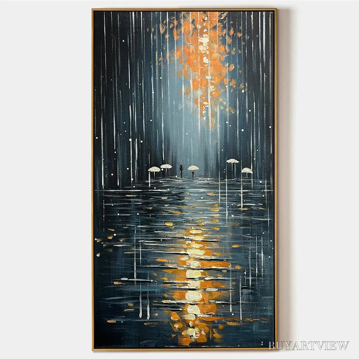 ARTOVITAS Rainy Day Reflections – Vertical Painting of a Rainy City Street, Minimalist Figures, Modern , Blue and Gold - image 1