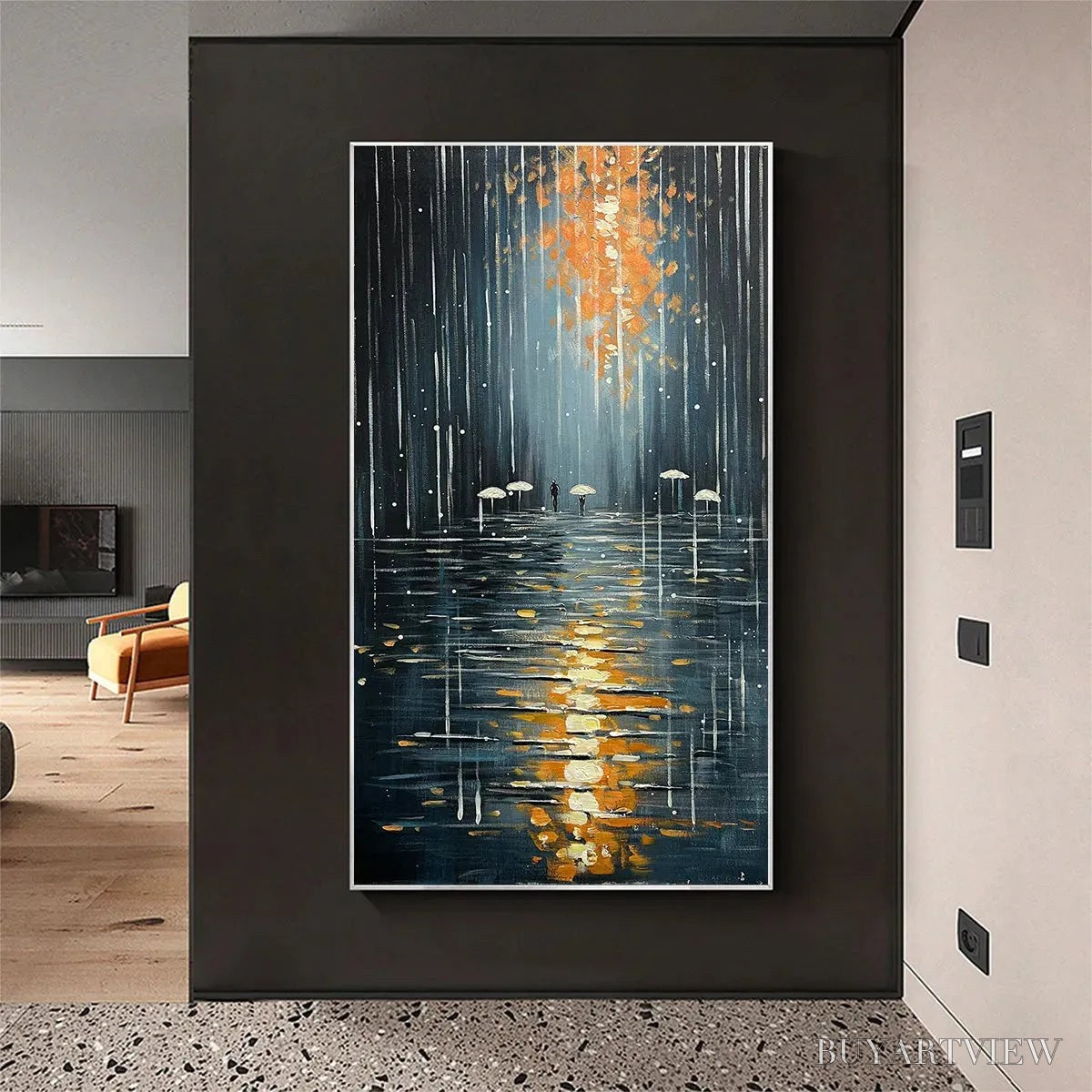 ARTOVITAS Rainy Day Reflections – Vertical Painting of a Rainy City Street, Minimalist Figures, Modern , Blue and Gold - image 2