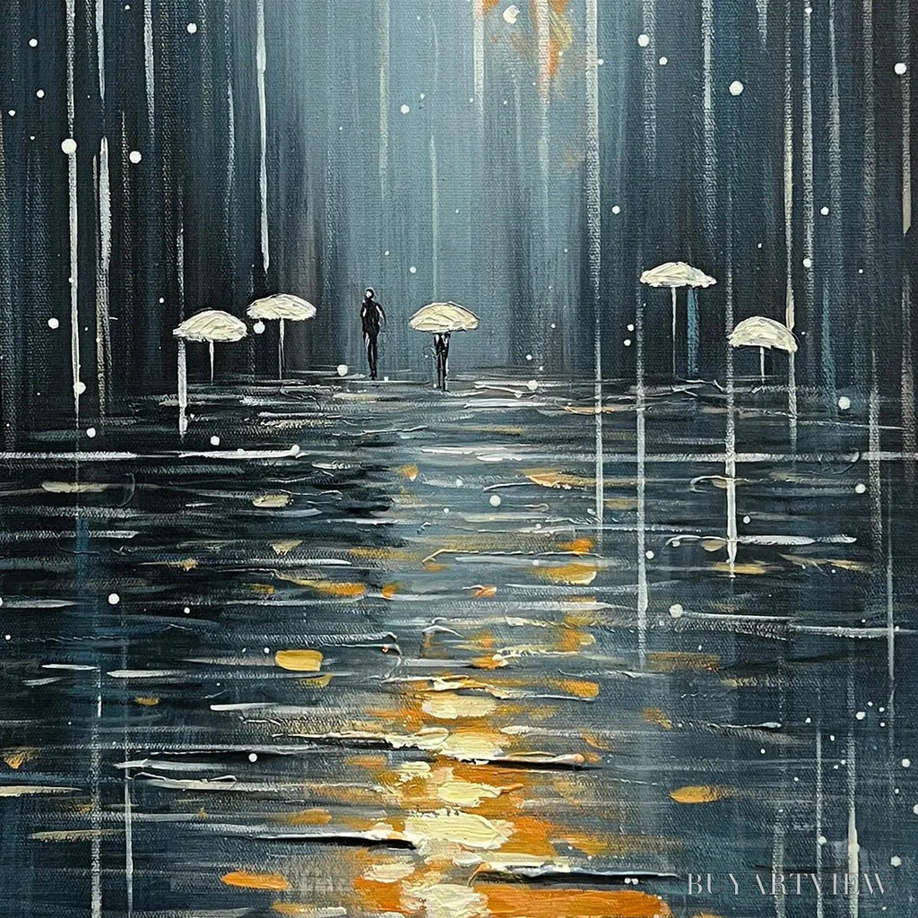 ARTOVITAS Rainy Day Reflections – Vertical Painting of a Rainy City Street, Minimalist Figures, Modern , Blue and Gold - image 3
