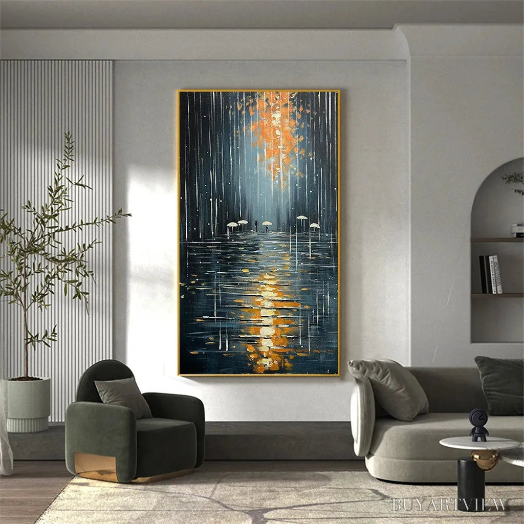 ARTOVITAS Rainy Day Reflections – Vertical Painting of a Rainy City Street, Minimalist Figures, Modern , Blue and Gold - image 4