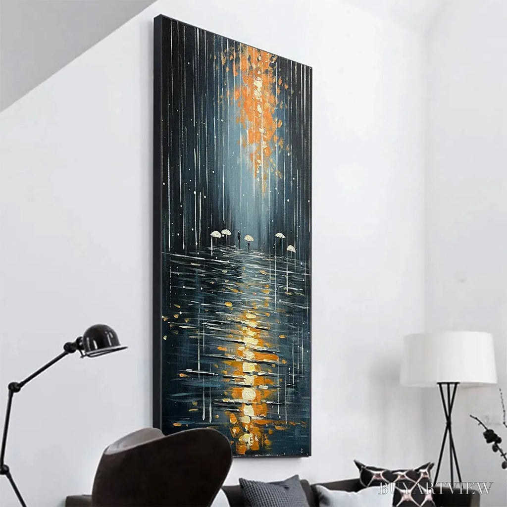 ARTOVITAS Rainy Day Reflections – Vertical Painting of a Rainy City Street, Minimalist Figures, Modern , Blue and Gold - image 5