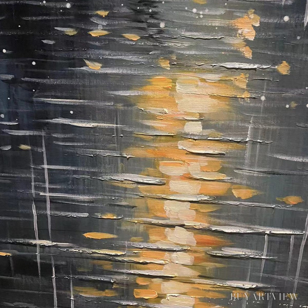 ARTOVITAS Rainy Day Reflections – Vertical Painting of a Rainy City Street, Minimalist Figures, Modern , Blue and Gold - image 6
