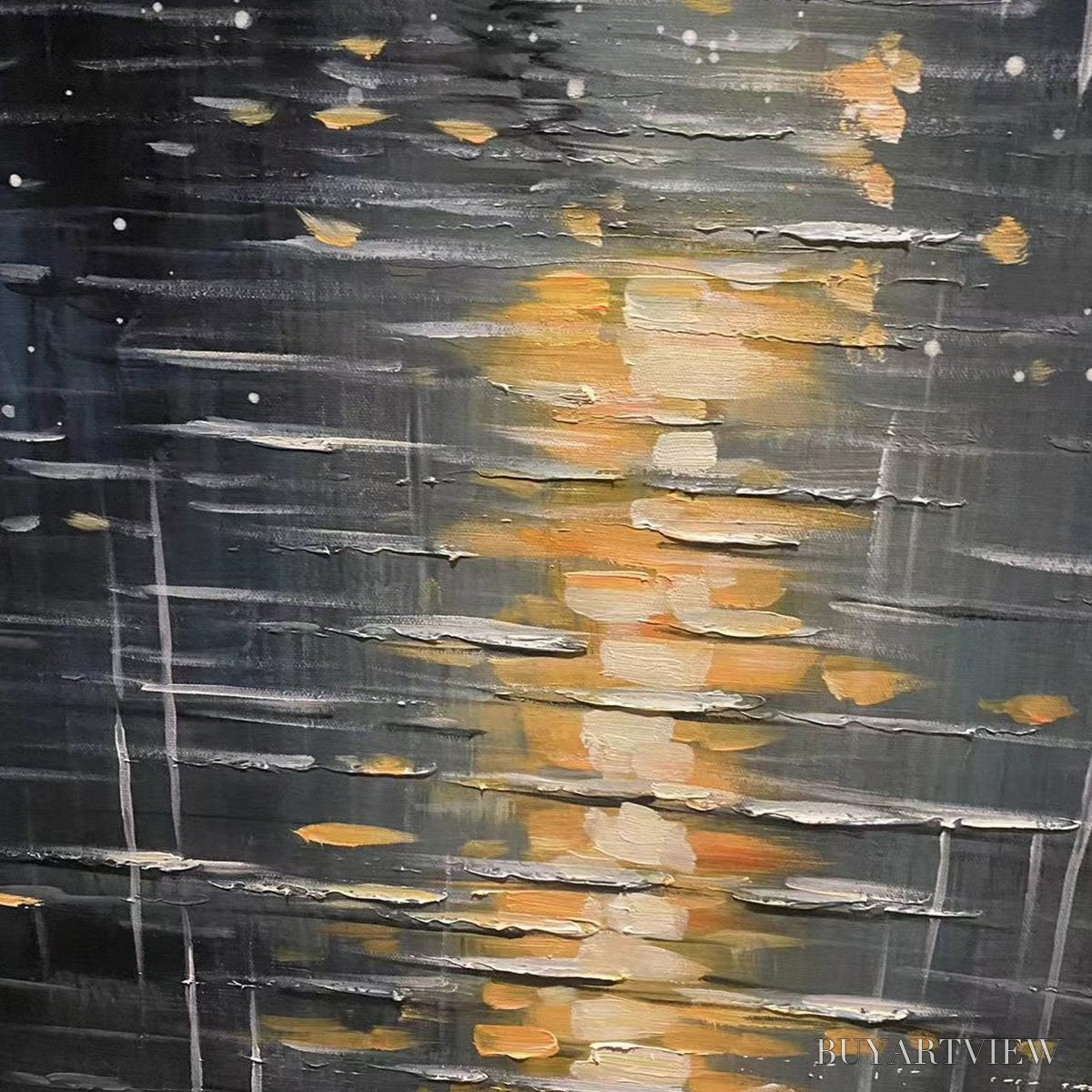 ARTOVITAS Rainy Day Reflections – Vertical Painting of a Rainy City Street, Minimalist Figures, Modern , Blue and Gold - image 6