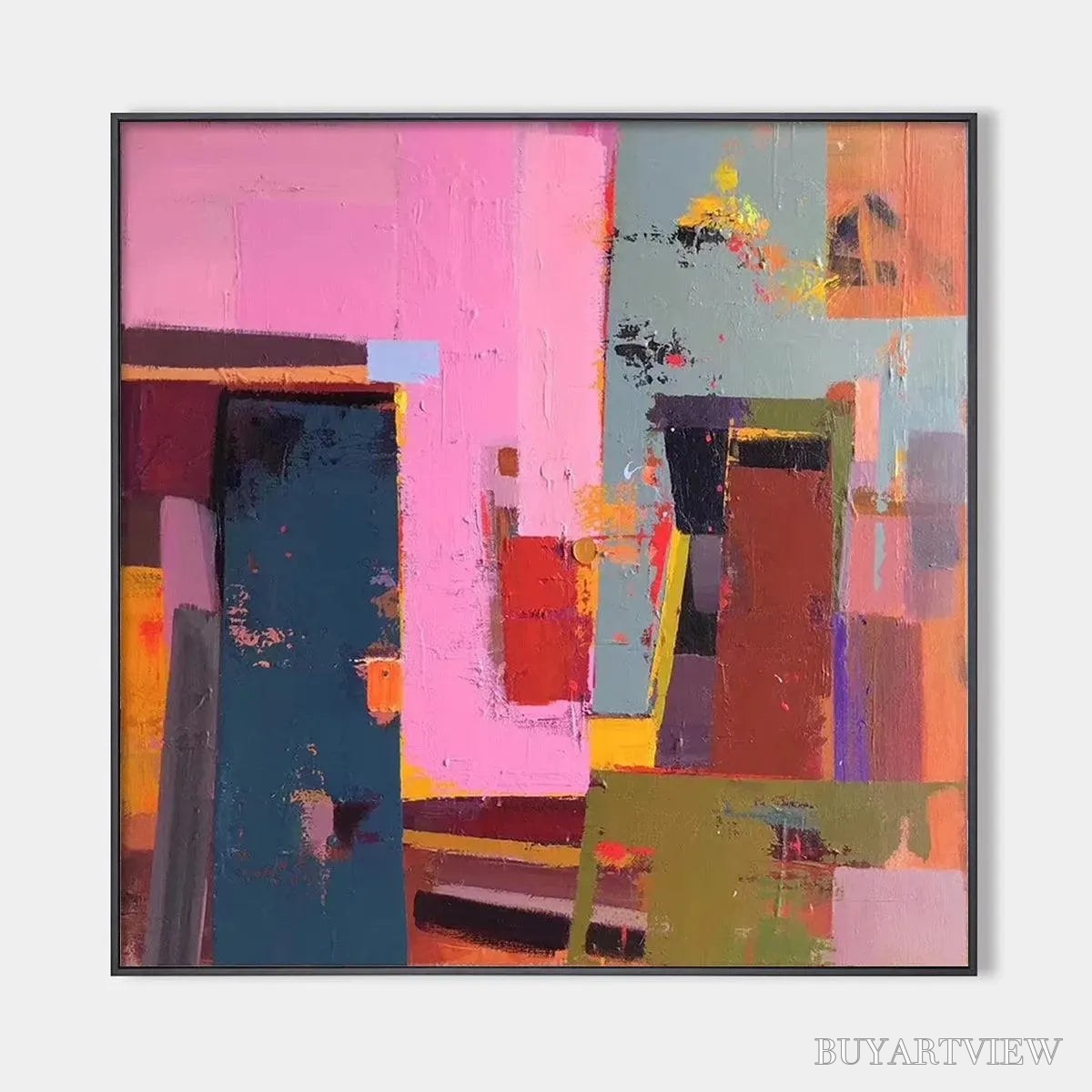 ARTOVITAS Pink and Green Urban Abstract – Colorful Abstract City Painting, Square - image 1