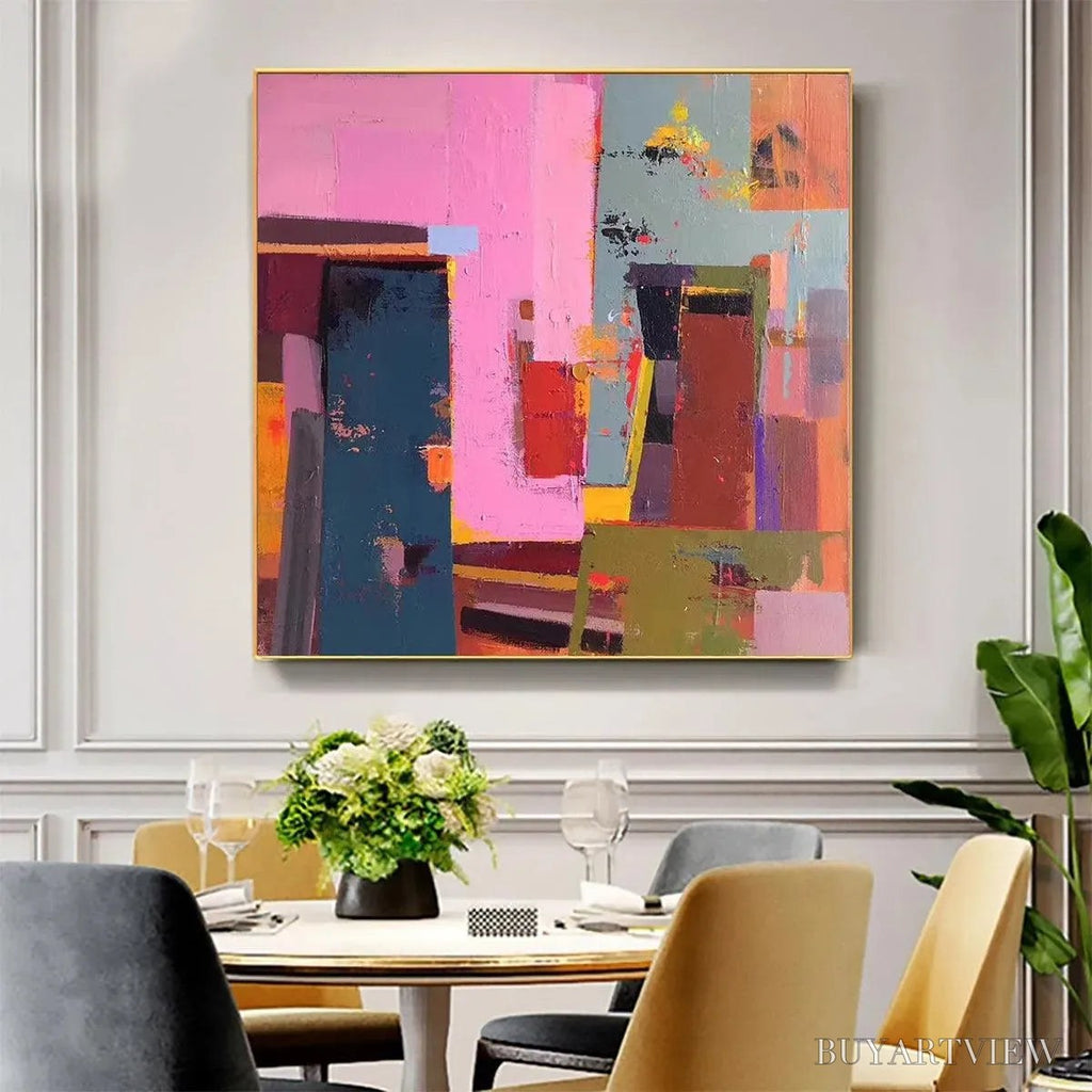 ARTOVITAS Pink and Green Urban Abstract – Colorful Abstract City Painting, Square - image 2