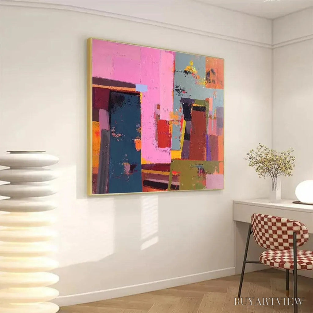 ARTOVITAS Pink and Green Urban Abstract – Colorful Abstract City Painting, Square - image 3