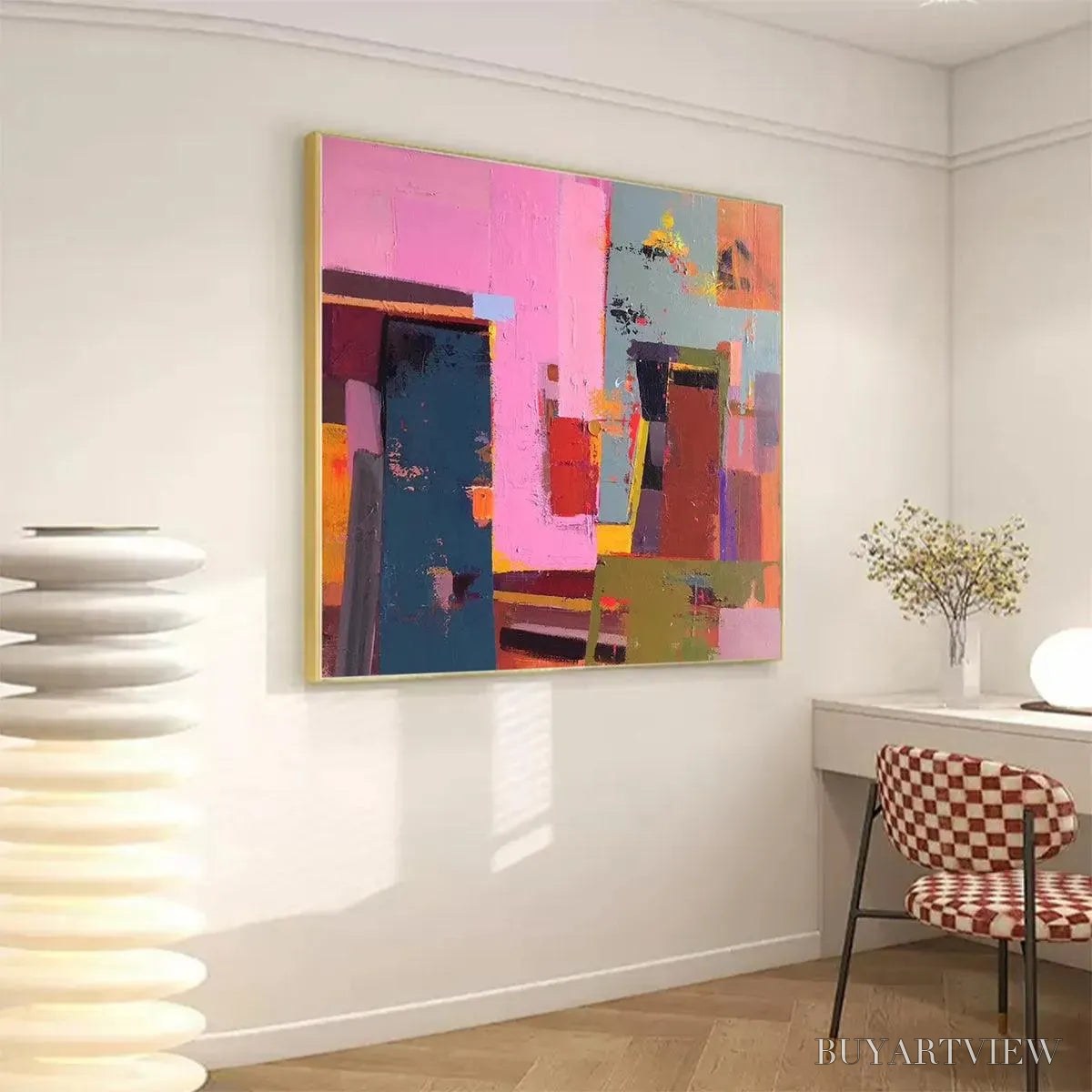 ARTOVITAS Pink and Green Urban Abstract – Colorful Abstract City Painting, Square - image 3