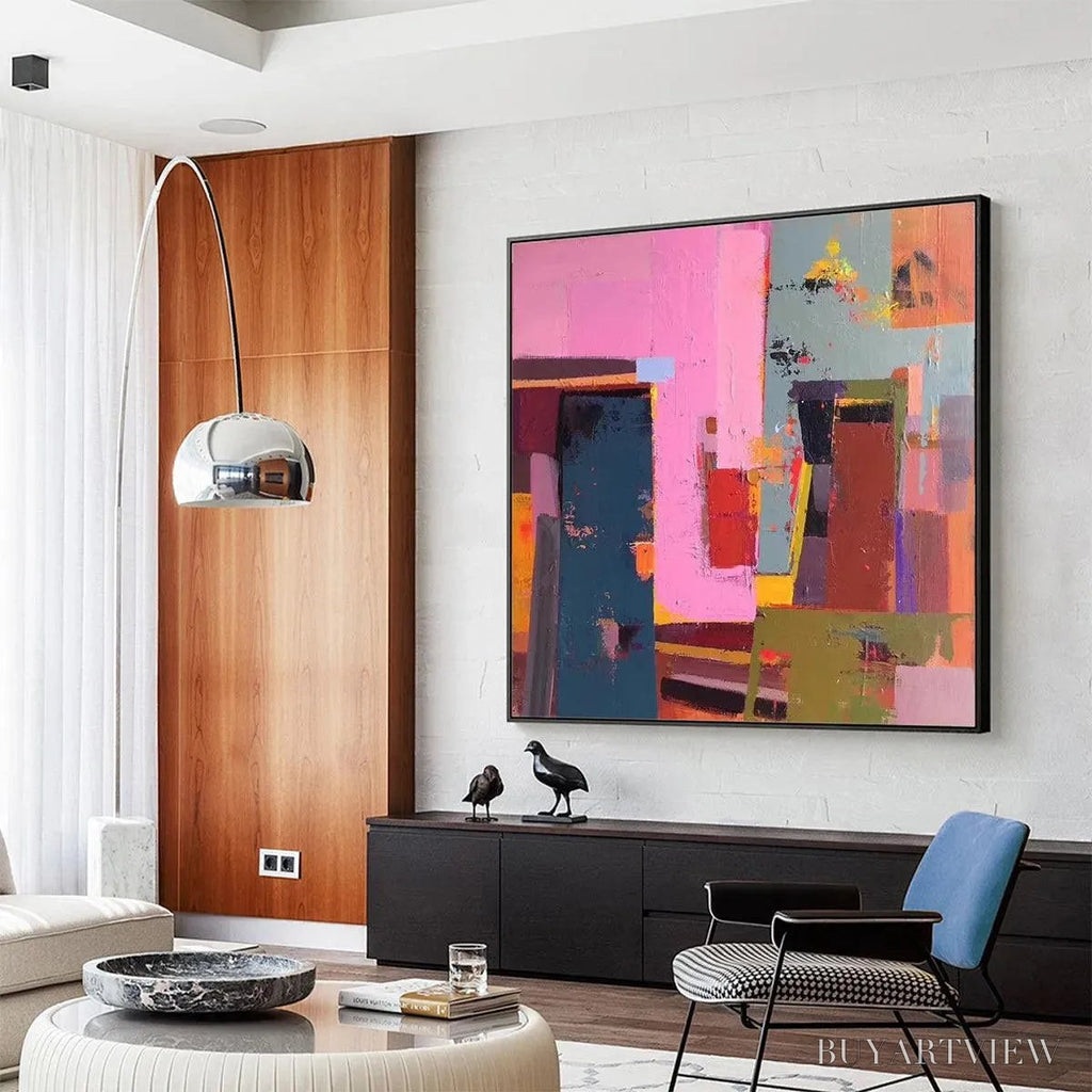 ARTOVITAS Pink and Green Urban Abstract – Colorful Abstract City Painting, Square - image 5