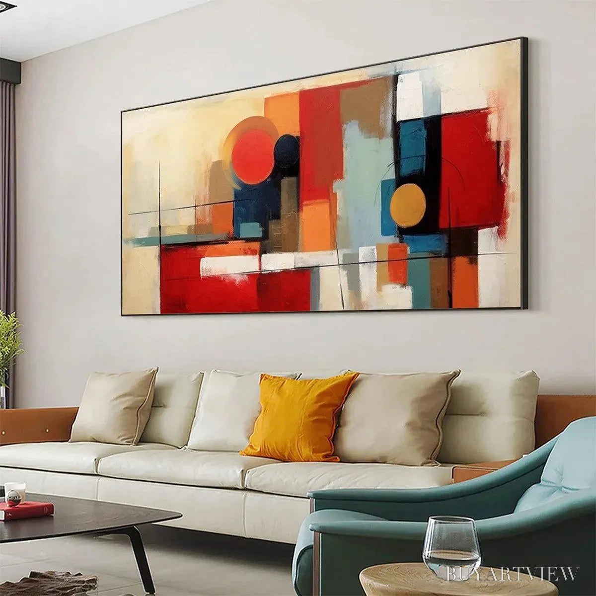 ARTOVITAS Urban Geometry – Minimalist Abstract Painting in Red and Gold - image 4